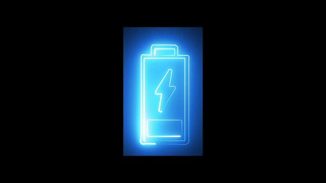 Bright neon electric battery icon. Neon battery sign animation. Neon charging animation black background.4k v ideo..
