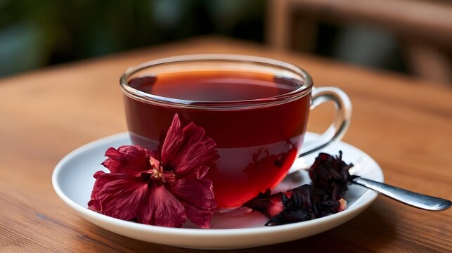 A clear glass cup of deep red hibiscus tea sits on a white saucer with dried hibiscus flowers beside it on a wooden table