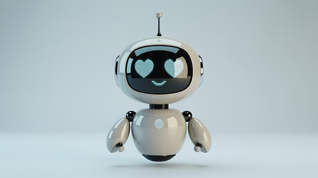 Cute white AI robot character with glowing heart-shaped eyes on a light background