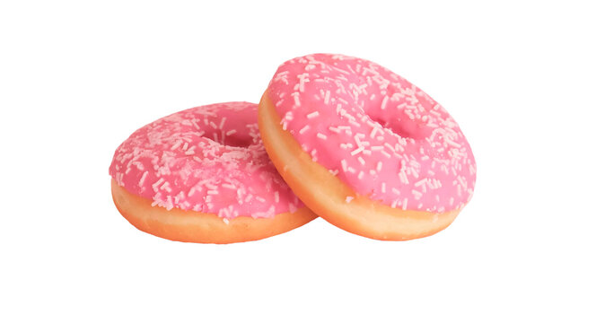 Pair of Fresh Pink Frosted Donuts with Sprinkles Isolated on Transparent PNG