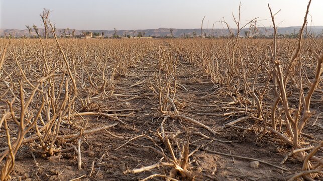 locust. Field of crops after a locust swarm, showing bare stems against the soil. ESG reports, sustainability campaigns, designed for sustainability communications and ESG reporting.
