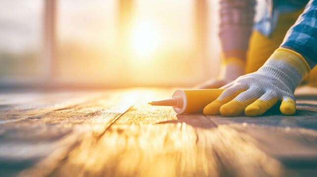 Worker Hand Applying Caulking Sealant to Floor Tile Joints in Room