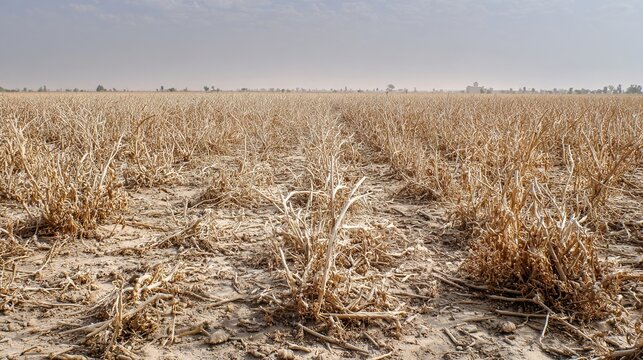locust. Field of crops after a locust swarm, showing bare stems against the soil. ESG reports, sustainability campaigns, designed for sustainability communications and ESG reporting.
