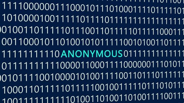 Anonymous text or word with digital binary animation made in After Effects for digital world technology concept, representing hidden online identities, digital privacy, untraceable network activity