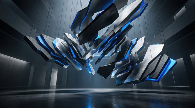 Abstract sculpture rotating on axes with metallic plates and glowing blue light accents inside.
