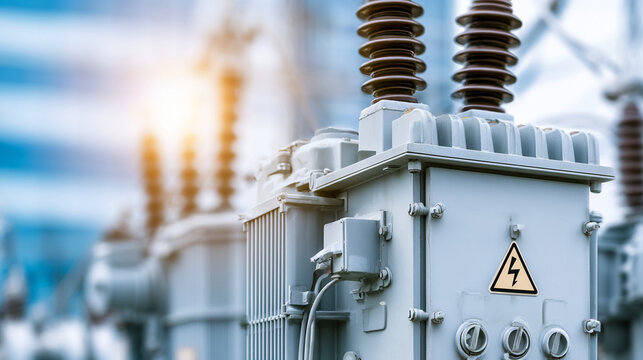 High Voltage Ceramic Insulators Standing Outdoors During Golden Hour Sunset

