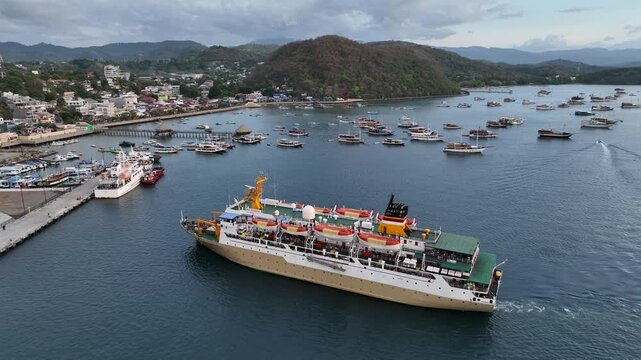 Aerial view of the ferry to Komodo Labuan Bajo Bay, Indonesia