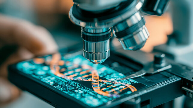 Scientific Microscope Examining Double Helix DNA Strand Model In Laboratory Research Concept
