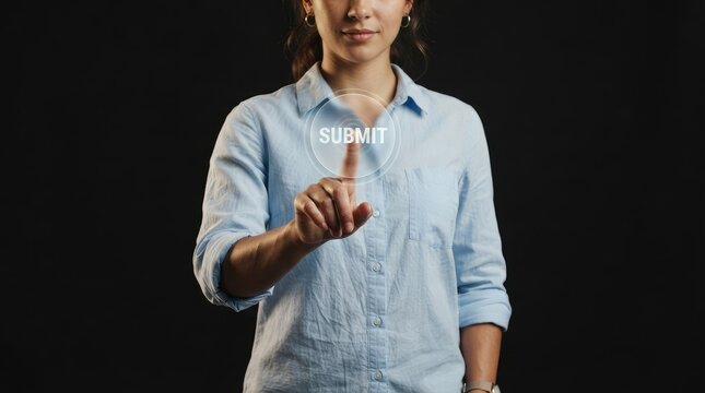 Person pressing virtual submit button on digital interface in professional setting with interacts floating submit blue shirt interacts finger touch gesture
