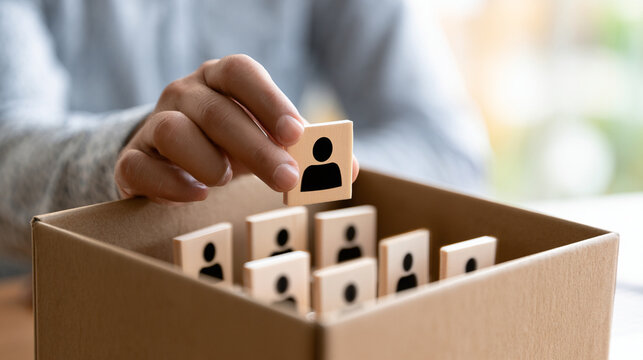 Hand Placing Wooden Block With Human Icon Inside Cardboard Storage Box Container
