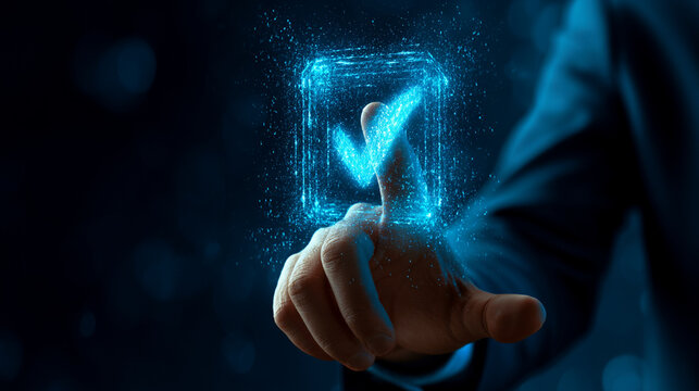 Human Finger Touching Glowing Digital Checkbox Icon For Quality Approval Survey Concept
