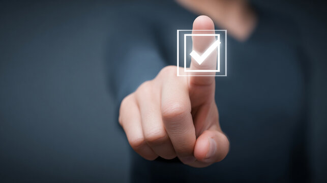 Human Finger Touching Glowing Digital Checkbox Icon For Quality Approval Survey Concept

