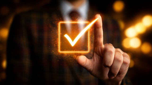 Human Finger Touching Glowing Digital Checkbox Icon For Quality Approval Survey Concept
