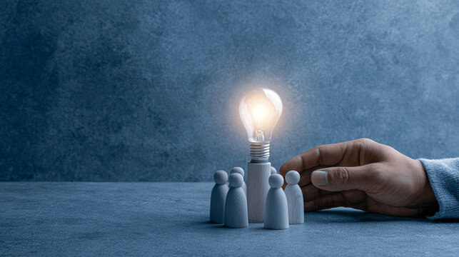 Hand Pointing Glowing Light Bulb Icon Over Wooden Figure People Creative Concept
