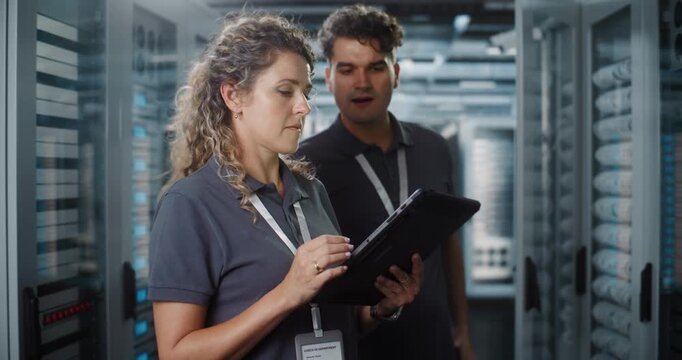 In Modern Data Center, Female Engineer Uses Digital Tablet while Colleague Checks Server Racks. Mobile Cloud Diagnostics and Team Collaboration Ensure High Tech Network Stability. Concept of Teamwork.