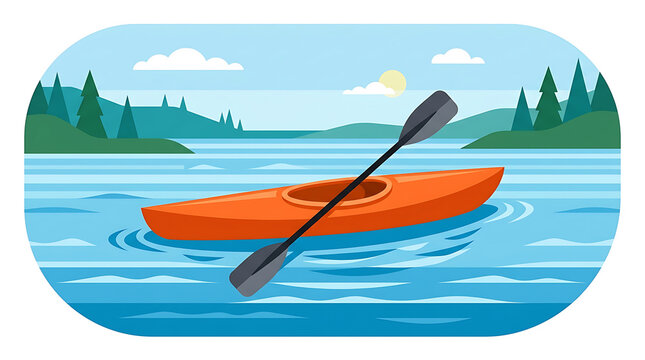 Orange kayak floating on calm blue water with a paddle in a scenic outdoor setting