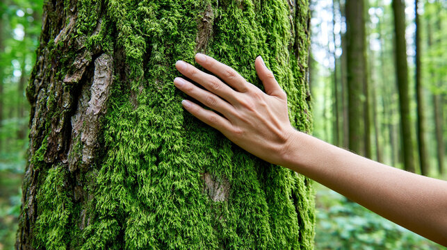 Human Hand Touching Green Moss Covered Tree Trunk Texture In Natural Forest
