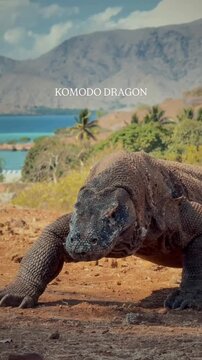 Komodo Dragon Varanus Komodoensis Walking on Arid Ground with Tongue Out in Komodo National Park Indonesia