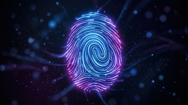 Glowing digital fingerprint scan on dark background, biometric security identification concept, cyber protection and privacy technology, futuristic neon blue and purple light particles