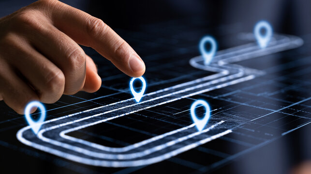 Finger Touching Digital Glowing Road Navigation Map Waypoint Pin Icon On Dark Background
