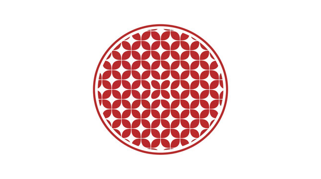 A circular red pattern with repeating stylized floral or quatrefoil motifs on a white background, evoking traditional Japanese design.