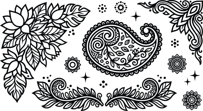 Traditional indian mehndi paisley pattern line art set with lotus flower motifs and decorative mandala corner borders vector