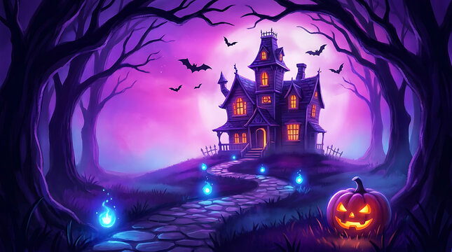 Spooky haunted house with jack o lantern and bats on halloween night