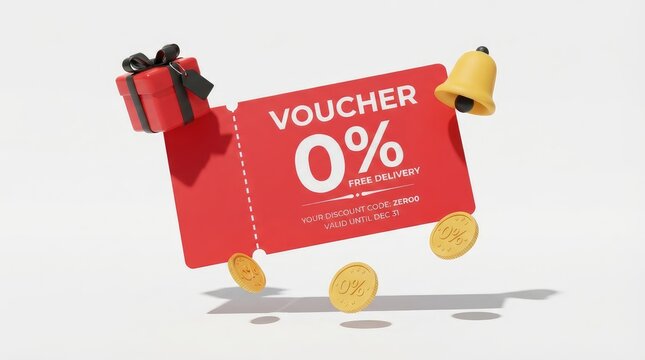 Red voucher card offering zero percent discount and free delivery with gift with decorative gift coin card highlights illustration illustrated