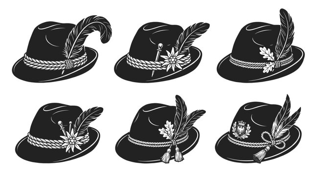 Traditional Bavarian alpine hats with feathers, set of 6 black vector icons, German Oktoberfest tyrolean headwear for festival design
