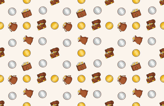 Seamless Pattern of Gold Silver Coins Wallet Money Bag Treasure Chest Financial Vector Background