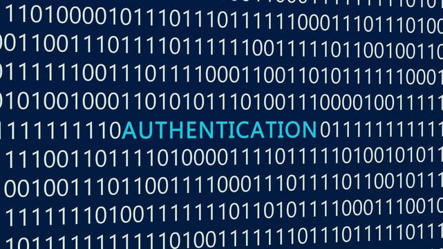 Authentication text or word with digital binary animation made in After Effects for digital world technology concept, represent secure user verification, identity confirmation, access control protocol