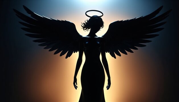 Standing angel with halo and enormous black wings