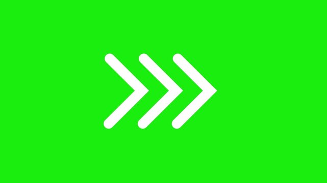Animated white fast forward chevron arrows on green screen, symbolizing speed, direction, progress, forward movement, and digital acceleration for UI video editing and motion design.