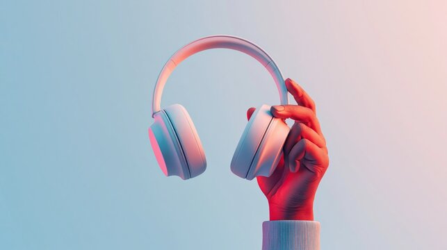 personal space and freedom through music. Hand holding white wireless headphones against a soft gradient background, showcasing modern audio technology design