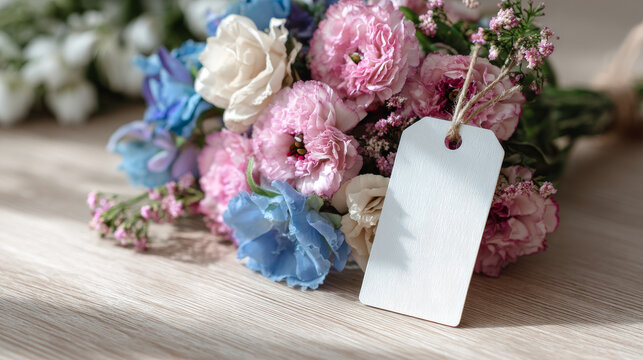 small pink, navy blue and beige flowers bouquet with a close up white vertical rectangular gift tag mockup, on a light wooden table, realistic imagen