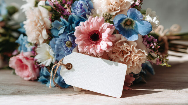 small pink, navy blue and beige flowers bouquet with a close up white vertical rectangular gift tag mockup, on a light wooden table, realistic imagen
