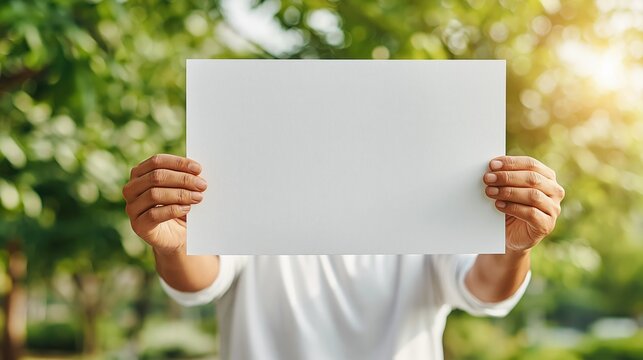 eco protest. Person holding blank white paper in a green outdoor setting with sunlight filtering through trees, suitable for various design applications