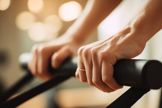 school sports and activity. physical challenge and endurance. Close-up of hands gripping a reformer bar during a Pilates workout session in a studio