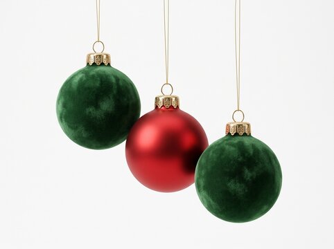 Christmas ornament balls hanging on gold string against white background, velvet green and red holiday baubles
