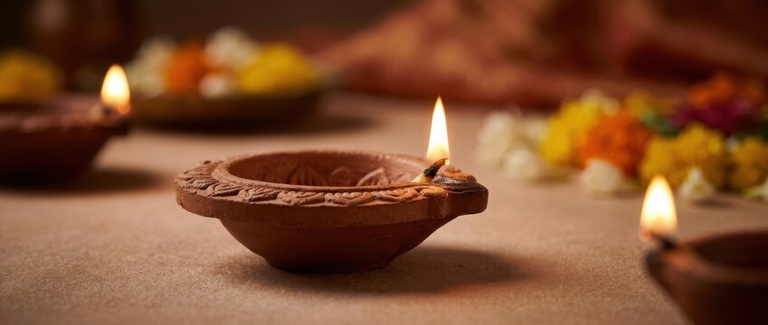 Earthen clay oil lamps glowing with warm flames during a traditional south Indian celebration