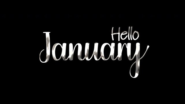 White script text hello january on black background, shiny silver metallic cursive style suitable for new years greetings cards and social media posts.