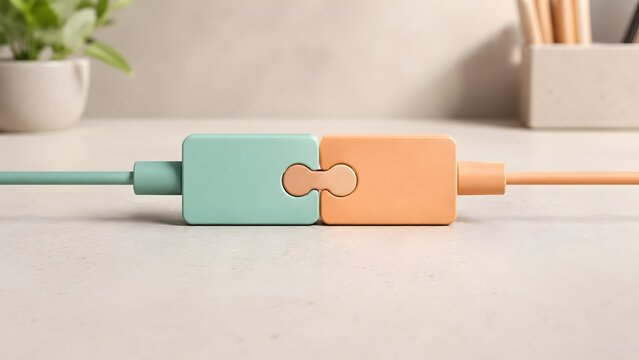 Desk Setup With Cable Plugs As Puzzle Pieces Representing Seamless Integration