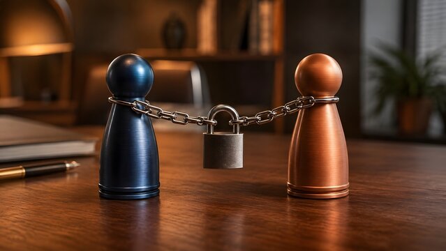 Two Pawn Game Pieces Connected With Chain And Padlock Representing Strategy Partnership