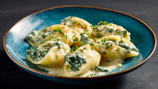 Creamy stuffed pasta shells topped with spinach and herbs, presented on a dark ceramic plate as a rich Italian-inspired comfort meal.