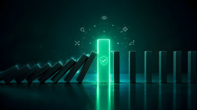 Green Glowing Shield Block Stopping Domino Effect Representing Risk Management And Safety