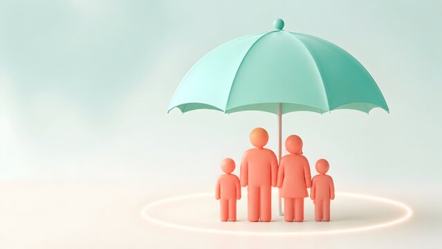 Family Insurance Protection Concept With Pastel People Figures Under Green Umbrella
