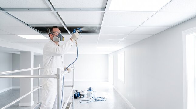 Professional painter applying fresh coat of white paint to basement ceiling during renovation