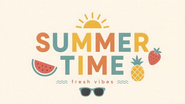 Retro Summer Time Typography Poster With Fresh Vibes Fruit And Sunglasses