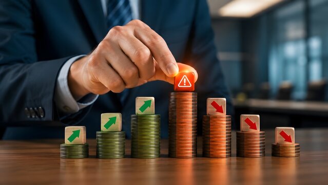 Business Man Placing Warning Cube On Top Of Rising Coin Stacks Representing Risk Management