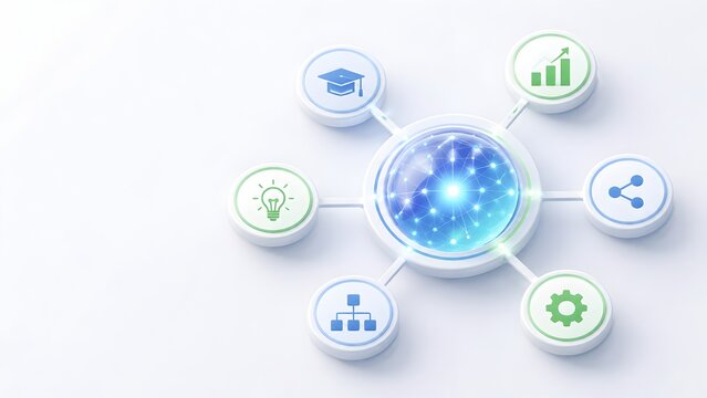 Digital Network Node Hub With Connected Icons On Minimalist White Background